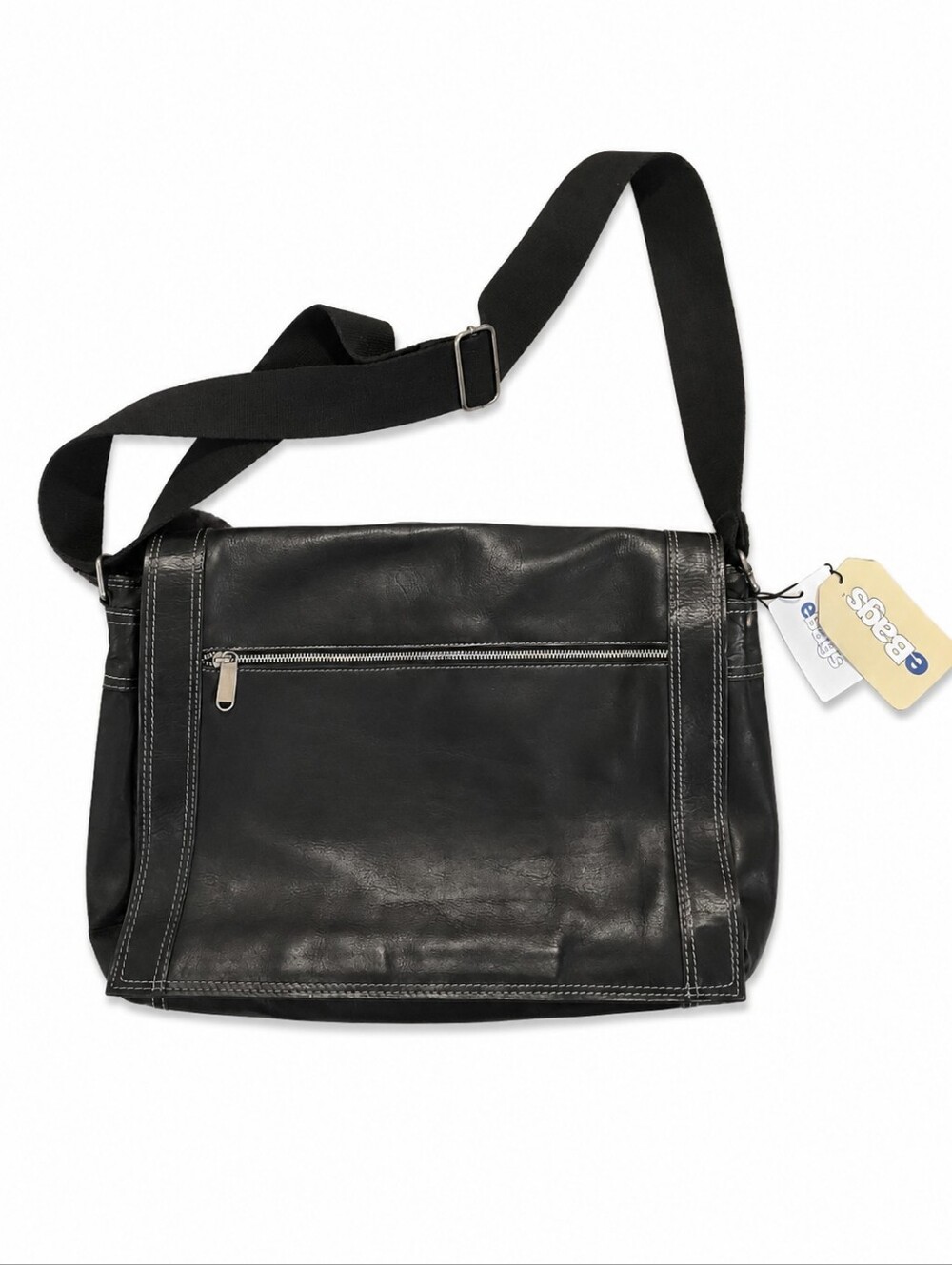 eBags Genuine Leather Black Vertical Messenger Crossbody Laptop Travel Bag NWT
